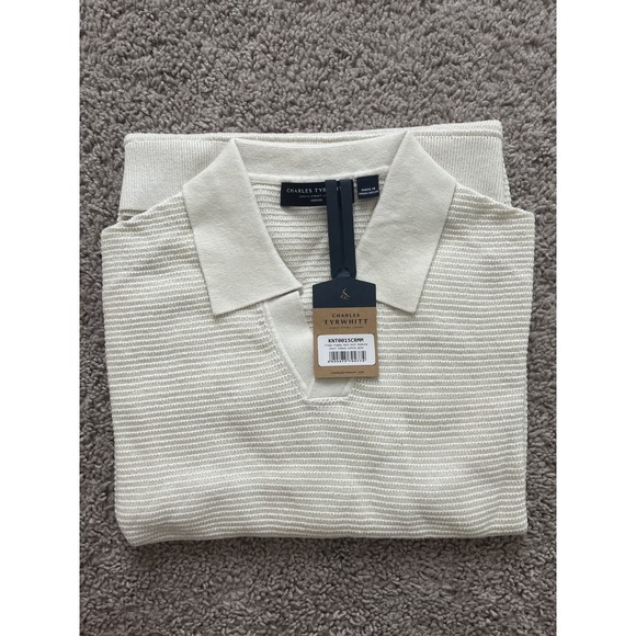 Charles Tyrwhitt Other - Charles Tyrwhitt Cream Trophy Neck Knit Texture Cotton Polo Mens Medium NWT